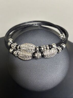 Silver-Tone Floral Bead Black Wire Wrap Adjustable Elegant Bracelet